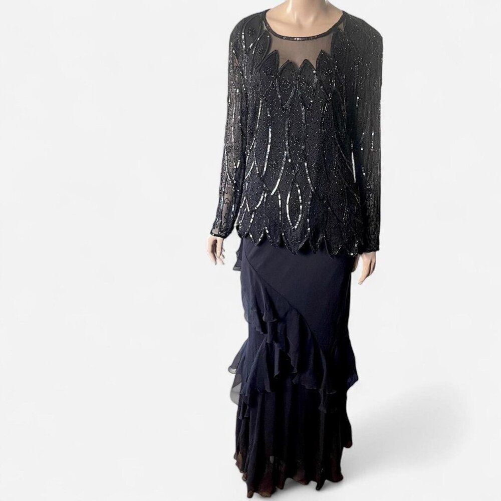 Vintage fairy formal black silk sequin beaded top blouse